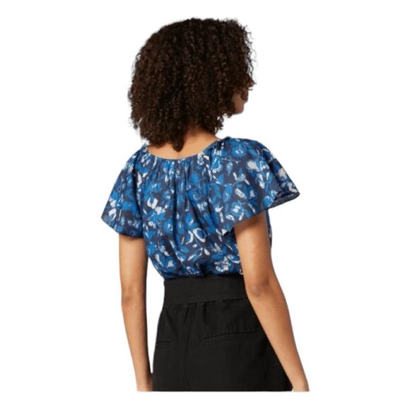 Joie Katya Floral Print Blouse Navy Blazer Blue Flutter Short Sleeves V-Neck S - Picture 4 of 11
